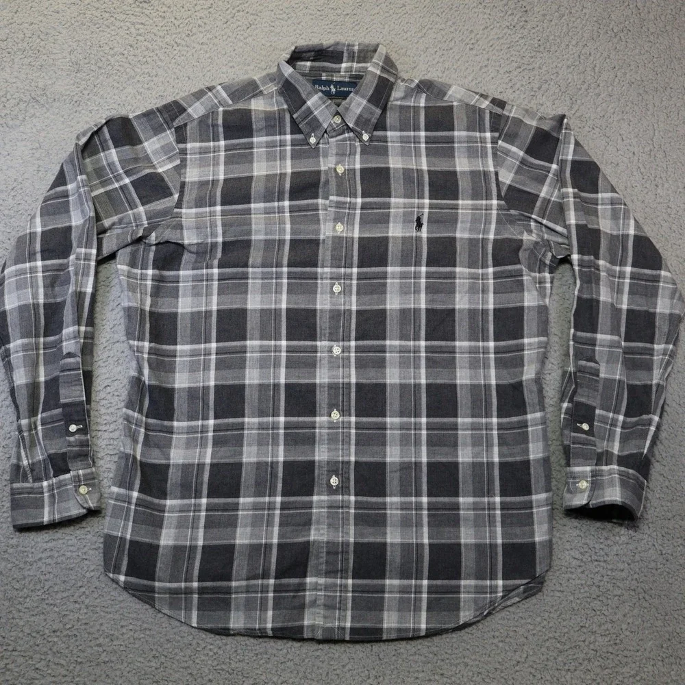 Polo Ralph Lauren Mens XL Custom Fit Plaid Button Down Shirt Gray Black Cotton‎